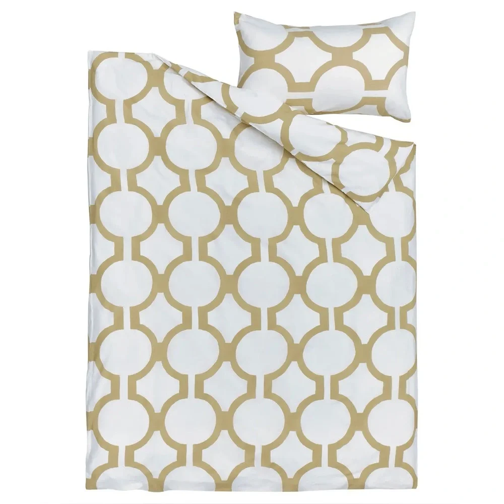 Ikea Glansblomma KING Sz White Beige Green Abstract Print Duvet Cover & 2 Shams